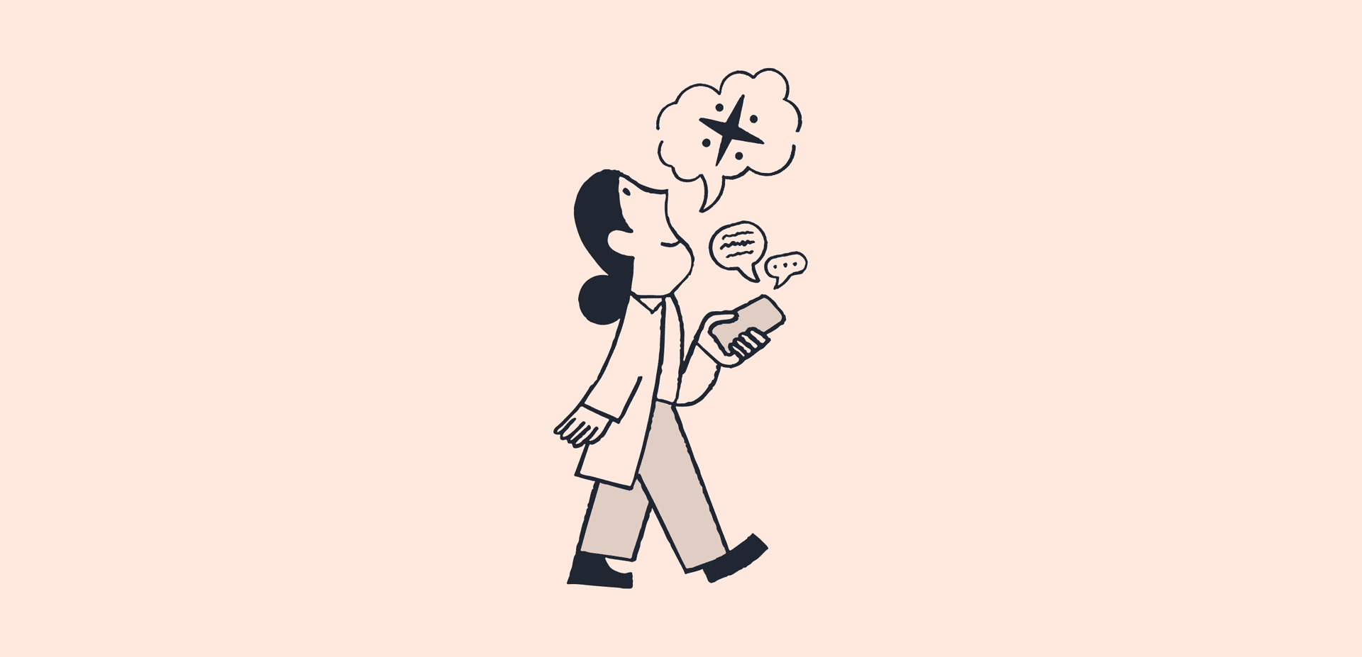 Illustration of a person with a phone in their hand, speaking out loud.